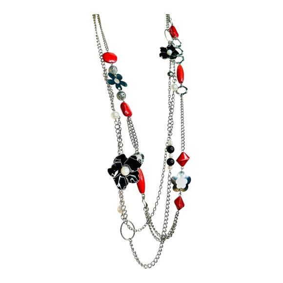 Red and Black Silver Tone Flower Station Necklaces - Picture 3 of 3